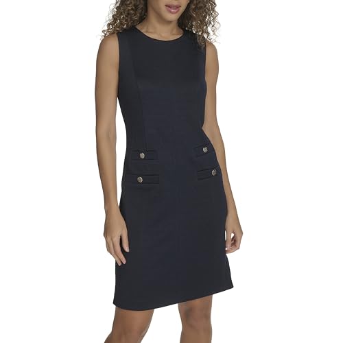 Image of Tommy Hilfiger Women's Sleeveless Jewel Neck Novelty Button Tweed Mini Sheath Dress