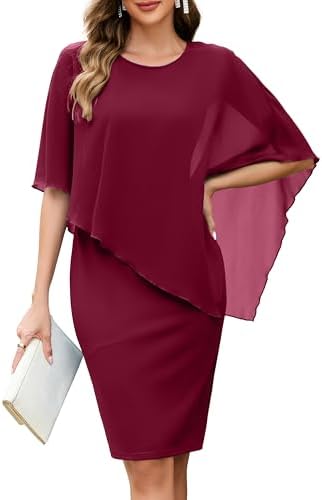 oten Women's Chiffon Wedding Guest Dress Crew Neck Cape Sleeveles...