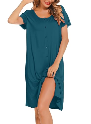 Lovasy Nattlinnen för kvinnor och nattskjortor mjuka nattlinnen för kvinnor moderskap nattlinne nattkläder button down nattklänning kvinnor Storbritannien damer amning arbete nattlinne leveransklänning med fickor, B-Blå Grön, XL
