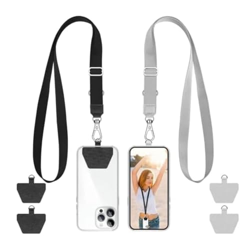 SS Phone Lanyard, 2× Adjustable Phone Neck Strap, 4 × Phone Patches, Universal Multifuctional Cell Phone Lanyards Compatible with Most Smartphones, Black Grey - image 1