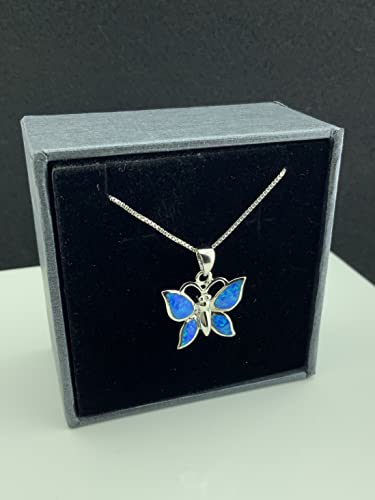 Silvercloseout Sterling Silver Created Blue Opal Butterfly Necklace - 18Mm #TOP2