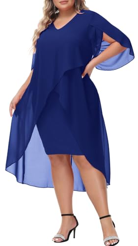Image of Hanna Nikole Womens Plus Size Chiffon Cocktail Dress Ruffle 3 /4 Sleeve Wedding Guest Party Dresses with High Low Hem
