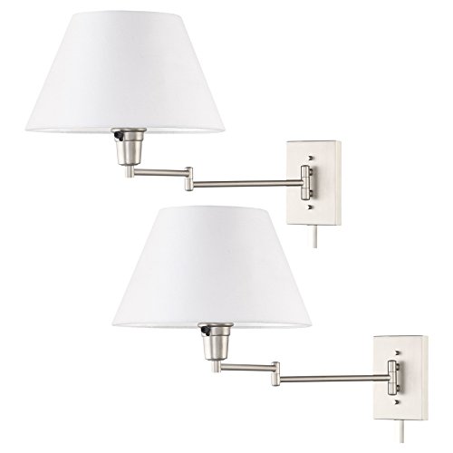 Kira Home Cambridge 13" Swing Arm Wall Lamp - Plug In/Wall Mount + White Fabric Shade, 150W 3-Way + Cord Covers, Satin Nickel Finish, 2-Pack #TOP2