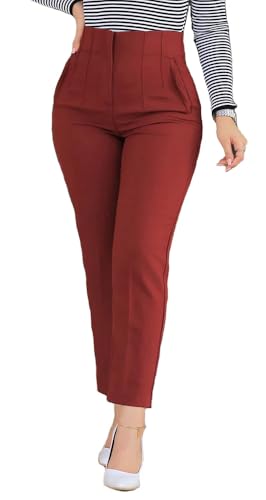 Womens Straight Leg Pants 2024 High Waisted Stretchy Business Casual Work Pants Dress Office Trousers with Pockets Wine Red Size Medium