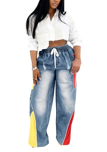 DINGANG Drawstring Baggy Jeans for Women High Waisted Straight Leg Striped Patchwork Denim Pants