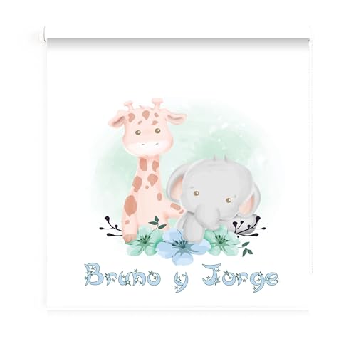 Estor Enrollable Infantil Niño Dibujo Animales de la Selva- Tejido Blanco Translúcido - Personalizable con Nombre - Estores Iroa - Decoración Habitación Infantil (Animales Selva Brother, 90X175)