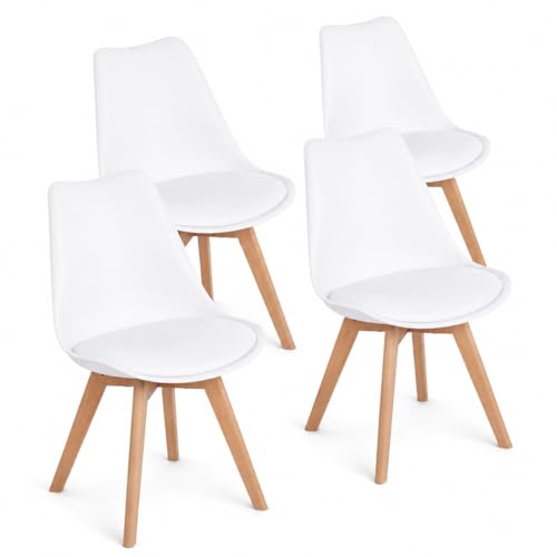 EGGREE 4 Chaises Salle à Manger Scandinaves SGS Tested Lot de 4 Chaises de Cuisine Rétro Rembourrée Chaise de Salle de Bureau, Pieds en Bois de Hêtre Massif, Blanc