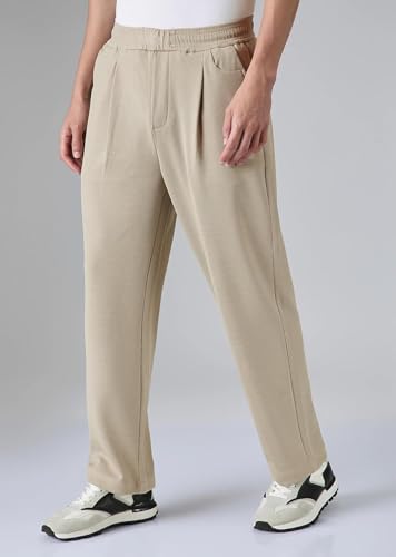 Image of KOTTY Men's Relaxed Fit Pleated Trousers|Casual Elastic Waist Straight Leg Pants with Pockets|Stylish Casual Wear
