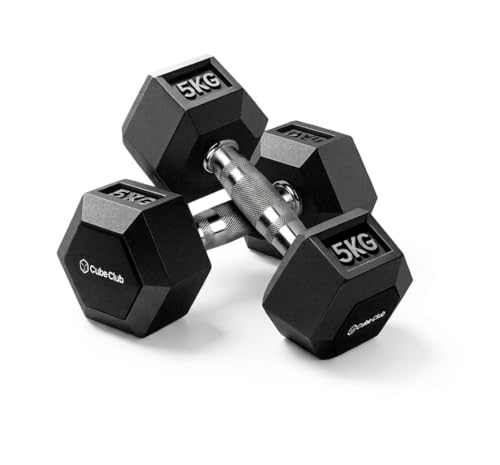 Image of The Cube Club Rubber Encased Hex Dumbbell 10kg Dumbbell Set of 2 (5kg Each) | Rubber Coated Anti-Slip Hex Dumbbells for Home Workout, Strength Training & Fitness Exercises for Men & Women