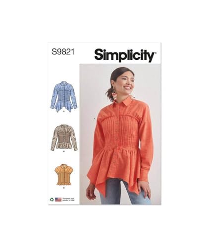 Simplicity Misses' Blouse with Collar, Sleeve and Hemline Variations Sewing Pattern Kit, Design Code S9821, Sizes 16-18-20-22-24, Multicolor