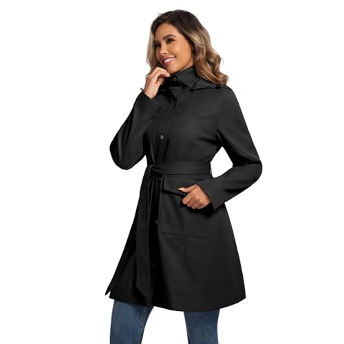 PUREPEAR Small Black Waterproof Trench Coat with Detachable Hood and Belt for Women - Image 2