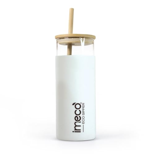Image of IMECO ECO Sipper Glass Bottle with Bamboo Lid & Straw 450ml | Borosilicate Glass Tumbler | Leakproof & BPA-Free | Reusable, Non-Toxic & Lightweight | Ideal for Milk, Coffee & Tea - White