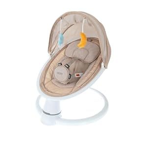 Nuby Baby Swing with Canopy and Remote – 5-Level Infant Swing with Soothing Sounds and Mobile App Control – 0-9 Months – Tan