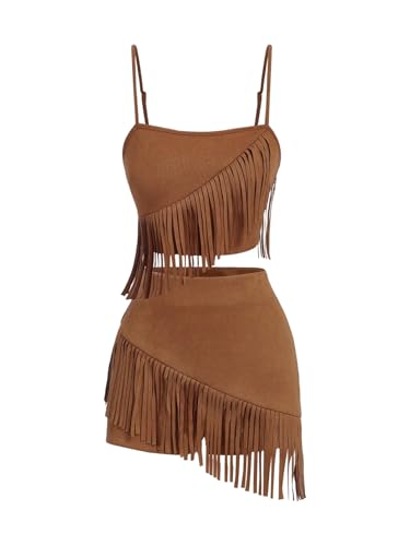MakeMeChic Women's 2 Piece Summer Outfits Suede Fringe Sleeveless Cami Top and Shorts Cowgirl Sets Brown Medium