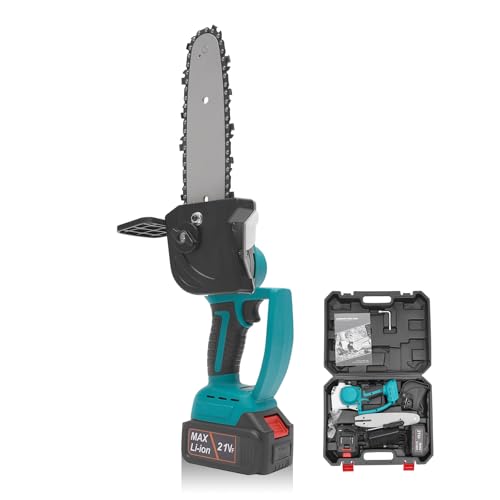 Taozhiyy Mini motosierra de 8 pulgadas, sin escobillas, 21 V, motosierra eléctrica de mano, 120 W, con maletín de herramientas y 2 baterías de 4000 mAh para tijeras de podar, jardinería, corte de