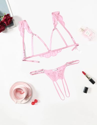 Avidlove Lingerie for Women Sexy Bra and Panty Sets Floral Lace Cutout Lingerie Set 2 Piece Outfits Pink — view 3