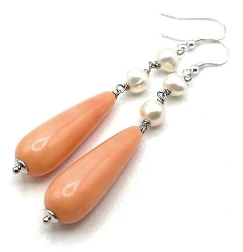 Boucles d'oreilles perles blanches d'eau douce et corail rose, artisanat d'Italie