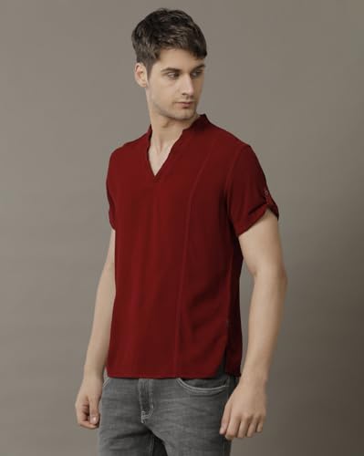 Image of Identiti MenSlim Fit Half Sleeve Solid Smart V Placket Casual Shirts