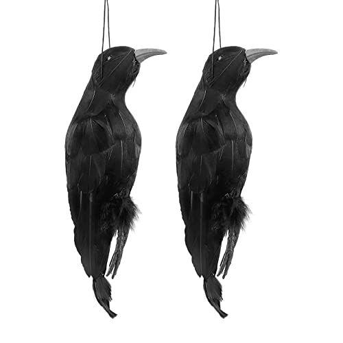 DRYEN 2 Pack Realistic Hanging Dead Crows Decoy, 32cm Fake Crow Lifesize Extra Large Handmade Black Feathered Crow, Crow Deterrent, Get Rid Of Crows, 2pcs (32cm)