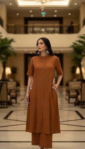 Image of MITZO Cotton Straight Kurta with Palazzo | Co-Ord Set for Women | Stylish Kurta Set for Women | Party & Casual Wear Kurti Set