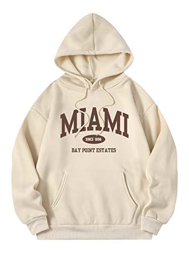 COZYEASE Women's Letter Graphic Print Hoodies Drop Shoulder Sweatshirt Vintage Long Sleeve Pullover Tops Apricot S