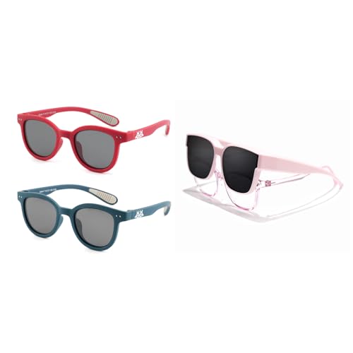 EYEBUDDY 3 Packs Kids Polarized Sunglasses（2 Pack Classic Style & 1 Pack Fit Over Sunglasses）