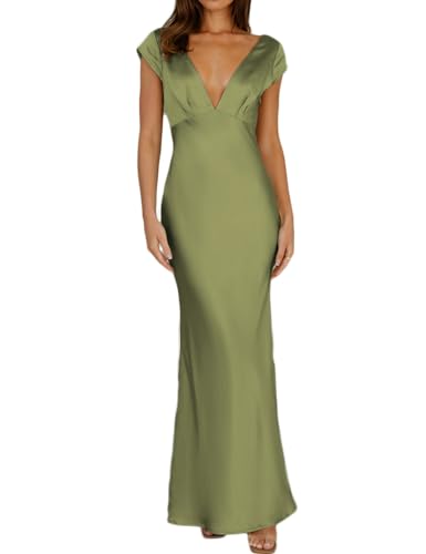 Halfisland Womens Summer Satin V Neck Cap Sleeve Backless Maxi Dress Elegant Twist Cut Out Midi Dresses Wedding Guest