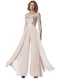 Two Piece Mother of The Bride Wedding Pant Suits with 3/4 Long Sleeves Elegant Formal Jumpsuits Set for Women Champagne