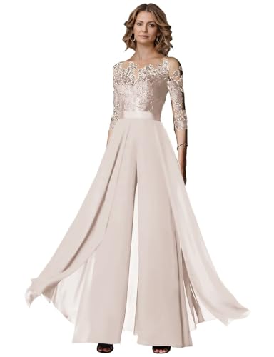 Two Piece Mother of The Bride Wedding Pant Suits with 3/4 Long Sleeves Elegant Formal Jumpsuits Set for Women Champagne