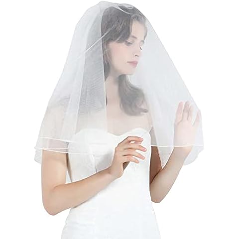 BEAUTELICATE Bridal Wedding Veil Drop Blusher Veil 2 Tier Pencil Edge With Metal Comb Ivory Elbow Length Cover