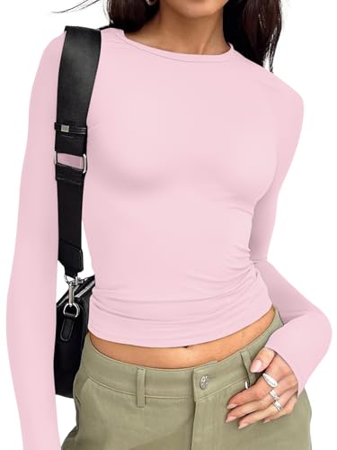 Trendy Queen Womens Long Sleeve T Shirts Fall Fashion 2026 Basic Crop Tops Going Out Workout Outfits Y2k Clothes Pink M