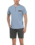 ❤【Design Classique】- Le haut de pyjama homme court est à col rond, l'encolure a trois boutons, la poitrine gauche a une poche latérale avec un design de couleur contrastante, une variété de couleurs est disponible et le pantalon a des poches symétriques. Vêtement de nuit parfait pour dormir en printemps et été ou pour votre week-end de farniente où vous n'allez nulle part.