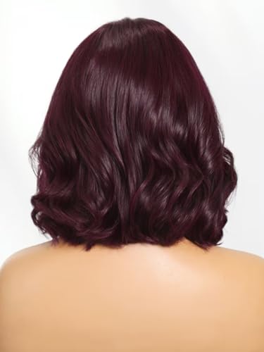 Image of Beauty Forever Glueless Bob Wig Human Hair Body Wave Black Cherry HD Lace Bob Drawstring Wig with Face Framing Bangs 150% Density 14 Inches Pre Plucked Pre Cut Bye Bye Knots Ready to Go Blow Out Wig