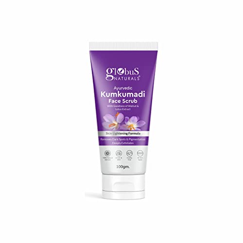 Image of Globus Naturals Ayurvedic Kumkumadi Skin Lightening Face Scrub, Enriched with Walnut & Lotus Extract, Chemical Free, Cruelty Free, Suitable For All Skin Types, 100 ml, Pack Of 1