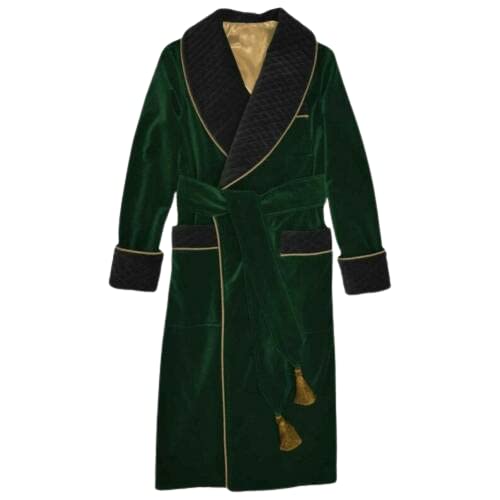 New Men's Dressing Gown Forest Green Black Velvet Fine Quilted With Gold Silk (Medium) #TOP6