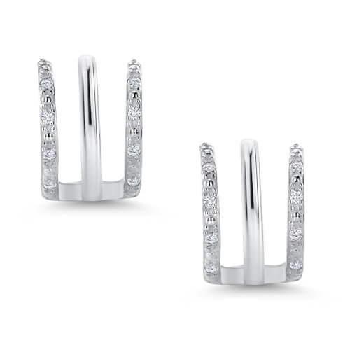 Gem Stone King 925 Sterling Silver White Lab Grown Diamond 3 Row Round Huggie Clip On Ear Cuff Earrings Non-Piercing Fine Jewelry For Women (0.10 Cttw, 10MM=0.40 Inch Diameter)2