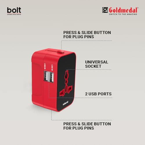 Image of Goldmedal Bolt Universal Travel Adaptor | 2 Type-A USB Ports for Quick Charging | Supports Variety of Plug Types| Perfect for International Travel - Black & Red | Supports Variety of Plug Types| Perfect for International Travel - Black & Red
