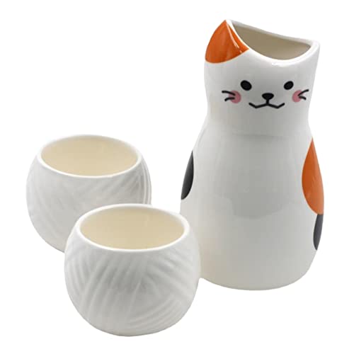 BRIGHTFUFU 1Set Ceramic Sake Pot with Cups Traditional Rice Wine Serving Kettle and Sake Cups Present for Cat Lovers and Home Decor