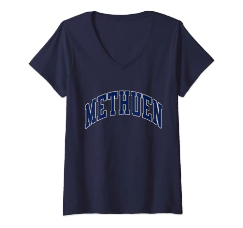 Womens Methuen Massachusetts MA Varsity Style Navy Text V-Neck T-Shirt