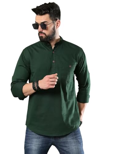 Image of DEEMOON Men's Cotton Blend Full Sleeve Short Kurta with Mandarin Collar Crafted from a Premium Cotton Blend