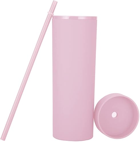 Miniatura 9 de Vasos delgados mate con tapas y popotes. Vasos delgados de 16 onzas a granel. Vasos de plástico acrílico pastel de doble pared para batidos de café
