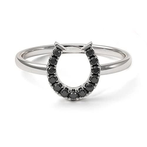 Jewelryonclick 925 Sterling Silber Glücksring Hufeisen Schwarzer Onyx Solitaire Schmuck Alltagskleidung Partykleidung Alltagsring Damen und Mädchen UK Größe : K