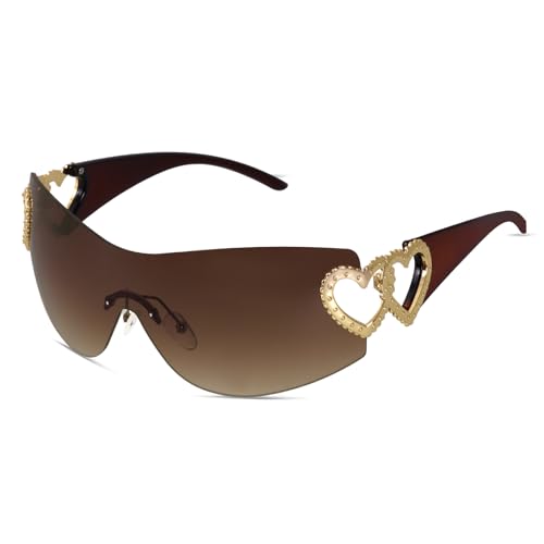 JTYKUYR Y2K Wrap Around Rimless Sunglasses Trendy Shield Silver Heart 2000S Fashion Frameless Sun Glasses for Women Men