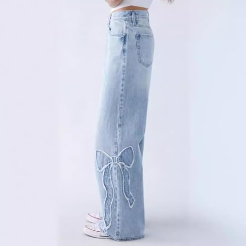 Women's Straight Leg Bow-Tie Frayed Edge Baggy Jeans for Women High Rise Loose Denim Jeans Y2K Low Bow Embroidery3