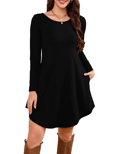 DEARCASE Women's Long Sleeve T Shirt Dress Crewneck Knee Length Loose Casual Flowy Swing Tunic Dresses with Pockets