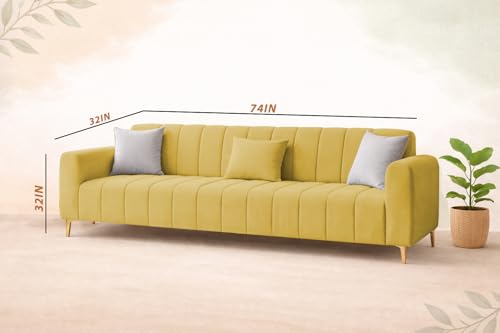 Image of Casaliving Velour Modern Velvet Sofa, Tufted Design Upholstered 3 Seater Sofa Set for Living Room, (Yellow Colour) Premium Velvet Fabric Sofa | Easy to Clean