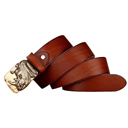 Western Cowboy Belts,Metal Brass Rhino Belt Buckle with Genuine Leather Belt Casual Jeans,Reddish Brown,125CM/49.2''