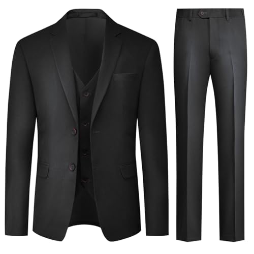 Allthemen Abito da Uomo Elastico 3 Pezzi Completo da Uomo Tinta Unita con Due Bottoni Slim Fit Formale Blazer Pantaloni Gilet Nero L