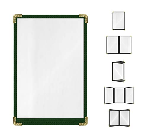 Goodsmart Restaurant Menu Covers – 25 Pack Green 2-View, Top-Loading Menu Holders, Vinyl &amp; Plastic Café Menu Covers, Clear Menu Sleeves, Fits 5.5" x 8.5", Leather-Style Design, Gold Corners