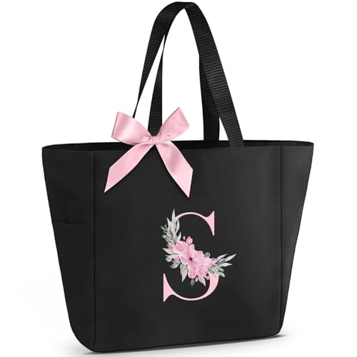 Vavabox A-Z Initial Personalized Tote Bag Waterproof Gifts for Women Bridesmaids Mom Teachers Friends (01-Black S)